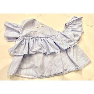 Zara Trafaluc Blue White Striped One Shoulder Ruffle Blouse Top Large